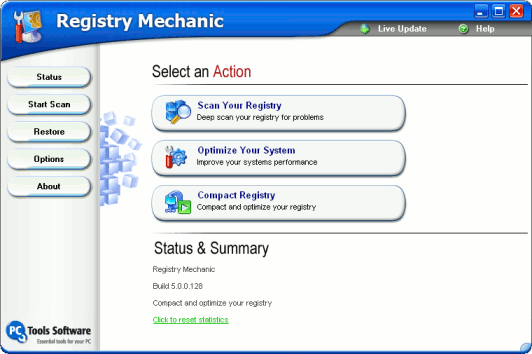 Registry Mechanic's Main Status screen